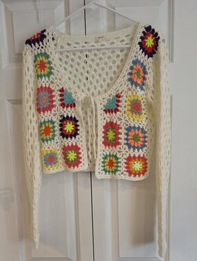 debut Cream Open-Knit Crochet Tie-Front Cardigan with Multicolor Squares